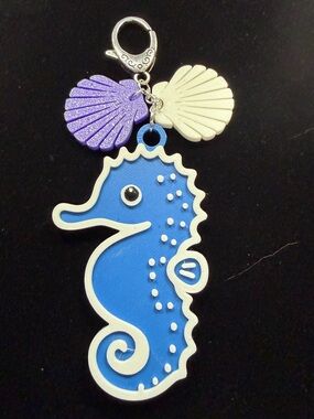 Hand Crafted 3D Printed Blue Seahorse Bag Charm Purple and White Shells NWOT